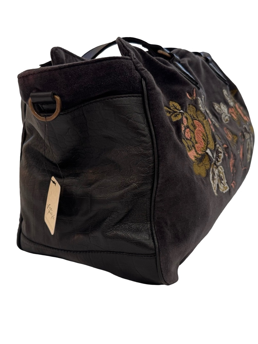 Free People Black Tote/ weekender bag with Pink and Gold Floral Embroidery - Picture 7 of 16